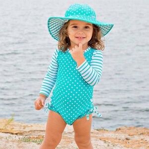 RufleButts Aqua Polka Dot Stripes Rash
Guard Swimsuit w Matching Sunhat 6-12m